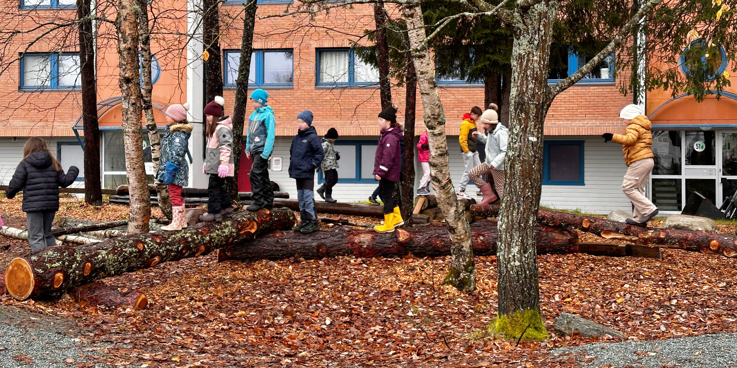 Barn som balanserer på tømmerstokker