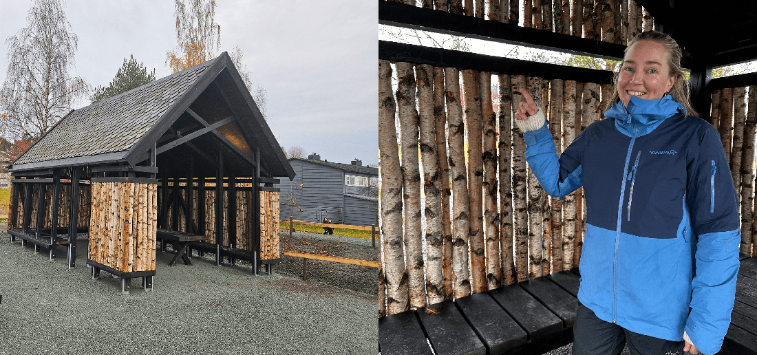 Todelt bilde av paviljong fra utsiden og Carolina Berg Hagen inne i paviljongen