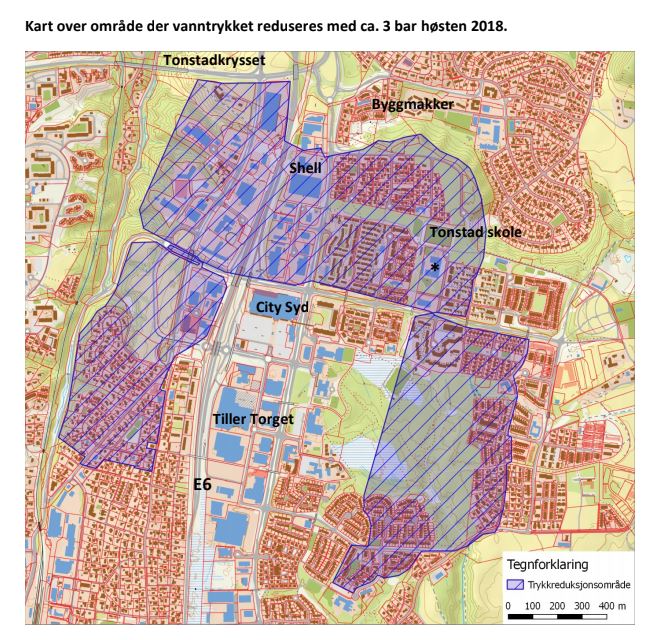 Kart over område der vanntrykket reduseres