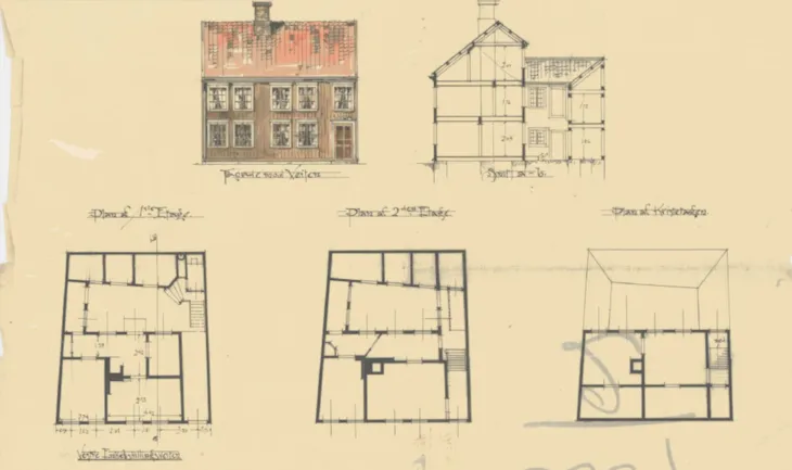 Tegning av typisk eiendom i Trondheim før 1845