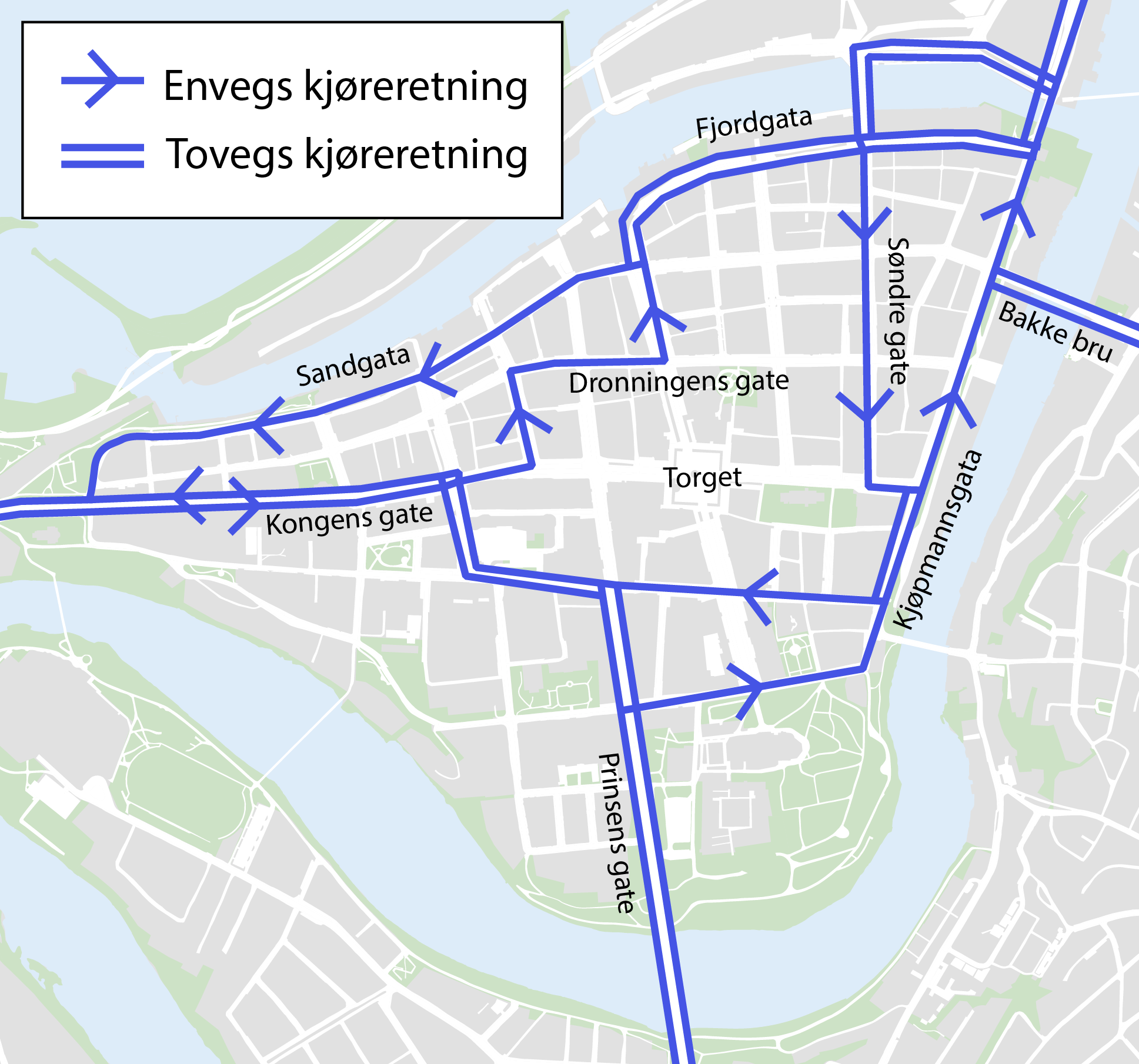 Kart som viser kj&oslash;rem&oslash;nster i Trondheim sentrum