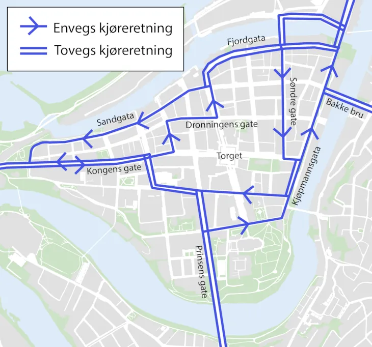 Kart som viser kjøremønster i Trondheim sentrum