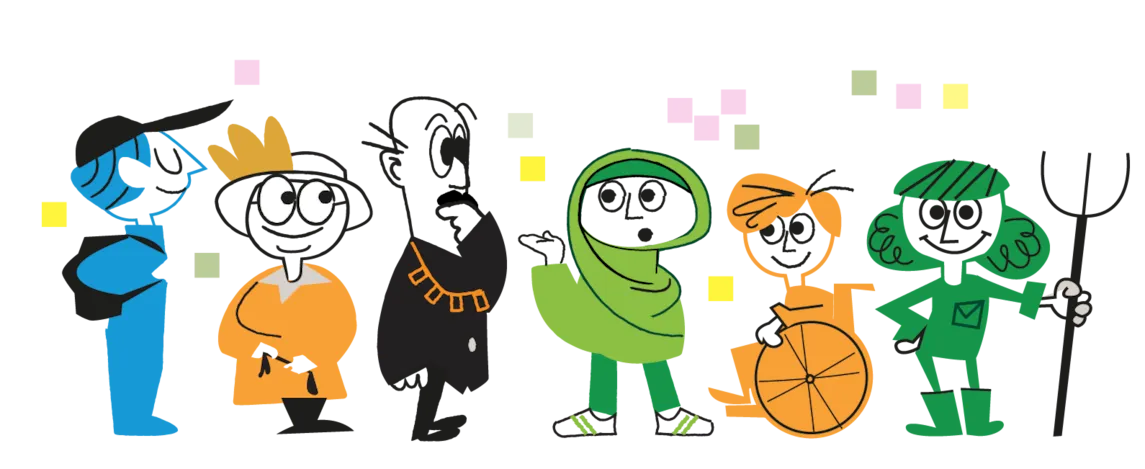 Tegning av en gruppe av folk.