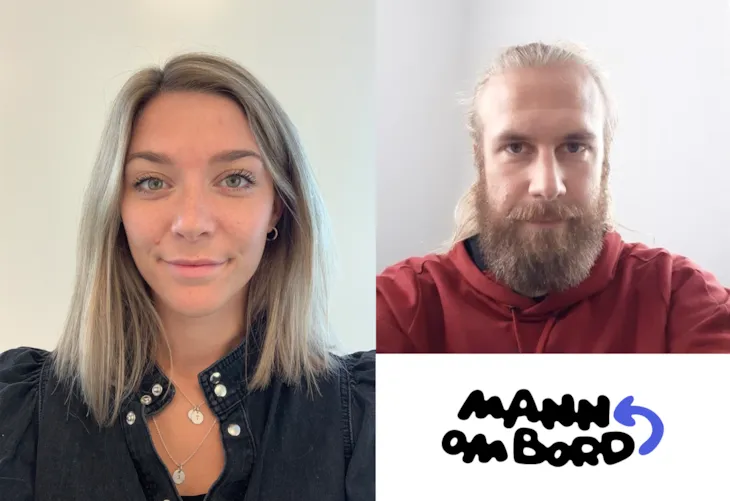 Portrett av Kristin og Eirik og logoen til Mann om bord.