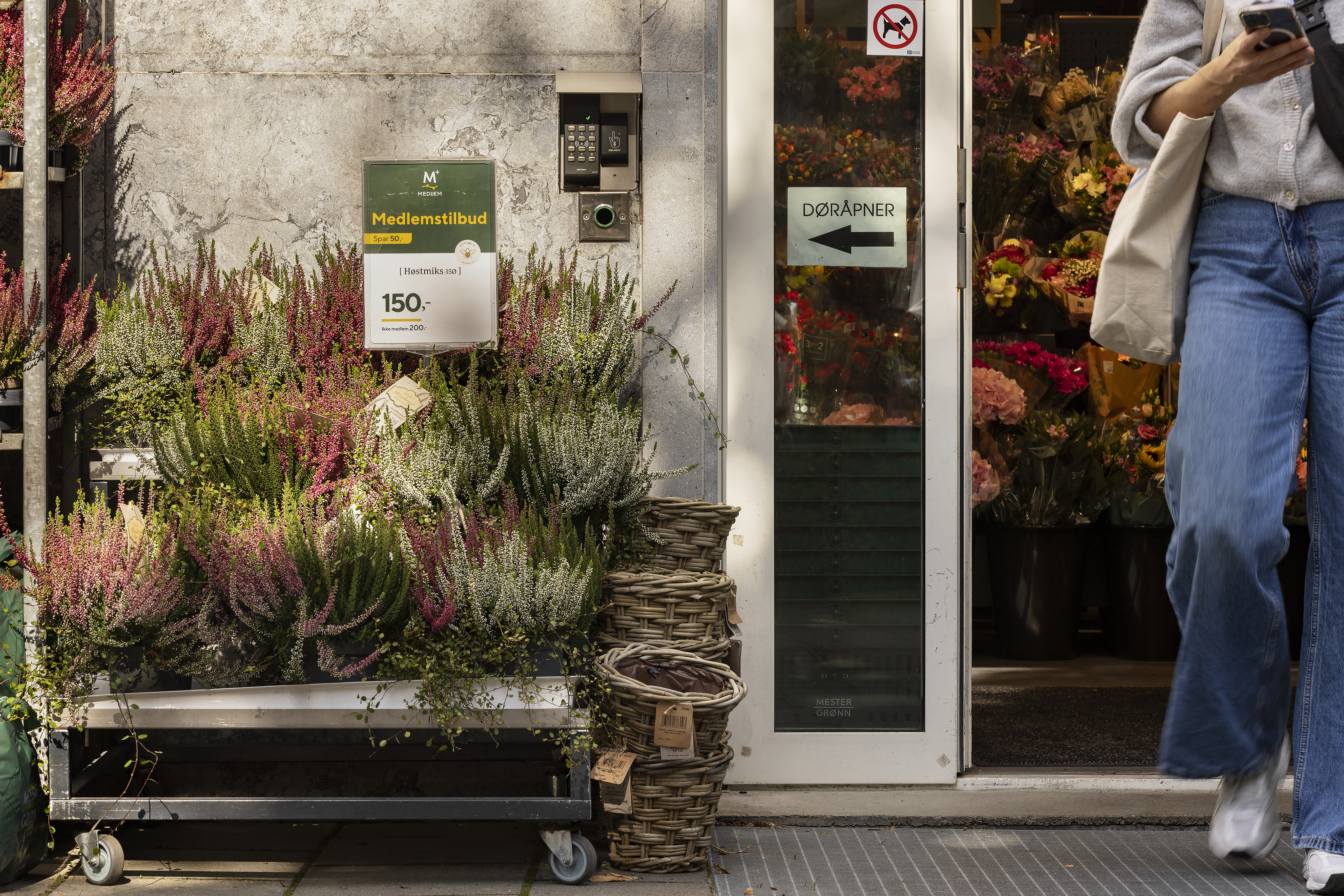 Til venstre for d&oslash;r til blomsterbutikk er det plassert en d&oslash;r&aring;pnerknapp. Under denne st&aring;r et blomsterbord med mange planter p&aring; slik at bruker ikke n&aring;r frem til knappen.