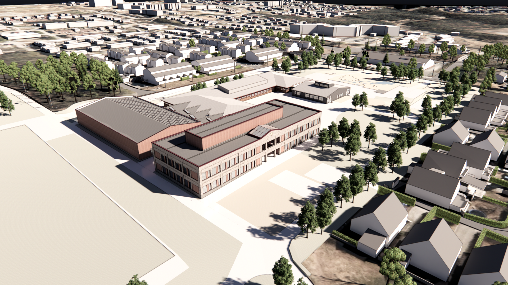 Det nye skoleanlegget sett fra nord&oslash;st