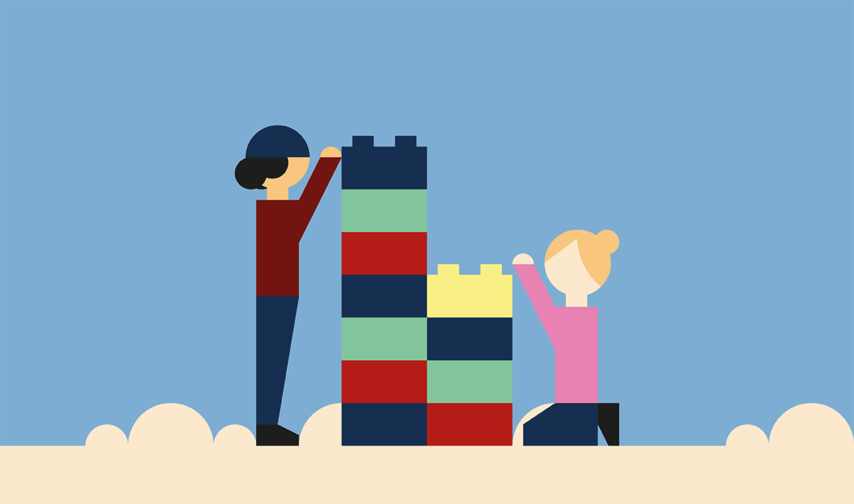 Illustrasjon av to barn som leker med klosser