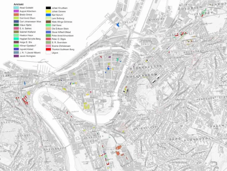 Kart over ulike arkitekters jugendbygninger