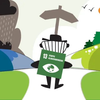 Bildet viser en illustrasjon av et veiskille. Den ene siden er mørk og viser forurensning, mens den andre siden er lys og viser natur. En figur med et skilt som sier "13 STOPPE KLIMAENDRINGENE" står i midten.