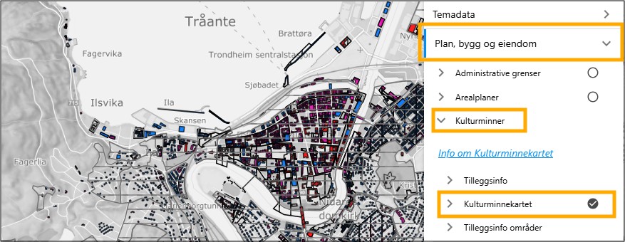 Kartlaget kulturminnekartet kan skrus p&aring; i menyen