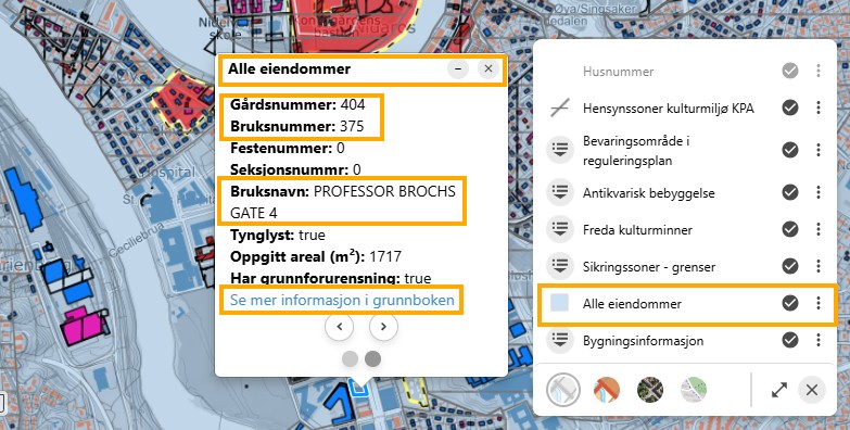 adresse og gbnr vises i popup