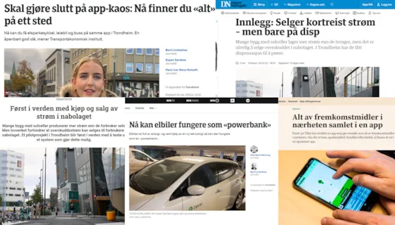Collage av ulike nettsider med nyhetsoppslag om CityxChange-prosjektet.