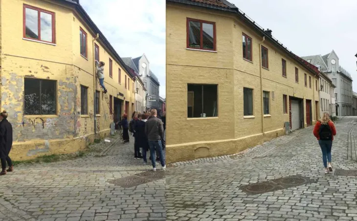 Fasade før og etter oppussing og taggefjerning