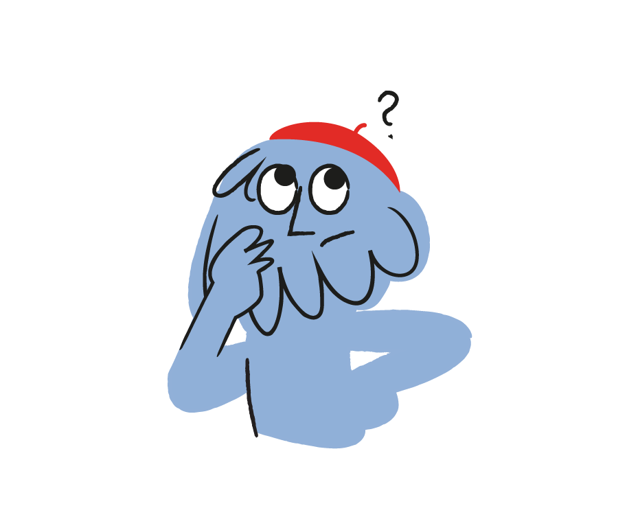 En lyseblå tegneseriefigur med et rødt hatt ser opp mot høyre med en tenkende ansiktsuttrykk, hvor den ene hånden er på haken og et spørsmålstegn svever over hodet.
