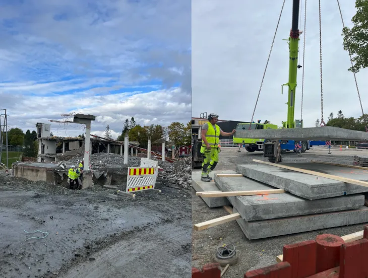 To bilder: Bilde 1: Et utendørs bilde av en bygning som er under riving. Man ser to personer i gule vernevester og hvite hjelmer ved siden av de fallende veggene og betongsøylene. Bilde 2: En anleggsarbeider i gul refleksvest og hjelm står ved siden av flere store betongplater mens en grønn kran heiser en av dem over bakken.