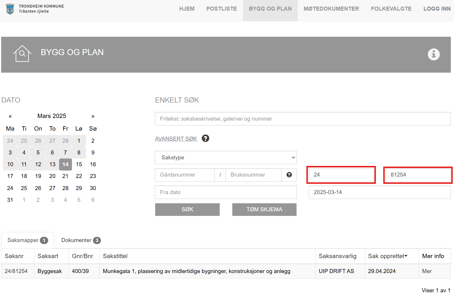 Skjermbilde av s&oslash;kefunksjon i innsynsportalen