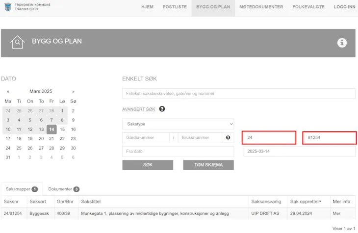 Skjermbilde av søkefunksjon i innsynsportalen