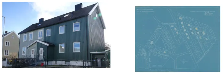 Et bolighus i to etasjer samt en eldre plan over området