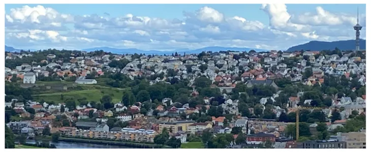 Skråfoto som viser åssiden mot Midtbyen øst