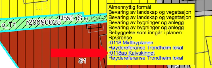 Viser gul boks i kart hvor du trykker på lenke til reguleringsplan