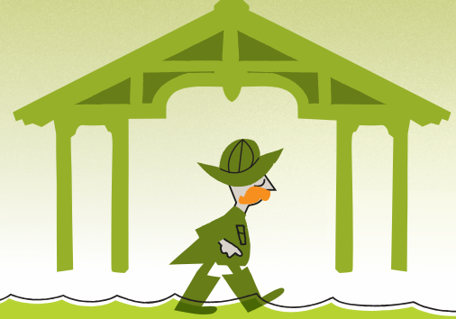 En tegneserieillustrasjon i grønne og olivengrønne toner viser en mann i sjømanns- eller friluftsantrekk med hatt og støvler, som vader gjennom flomvannet under en grønn arkade. Illustrasjonen symboliserer klimatilpasning eller ekstremvær som påvirker kystnære yrker.