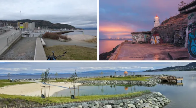 Skansenmoloen, Østmarkneset og Grilstadstranda i samme bildeEt bilde sammensatt av tre