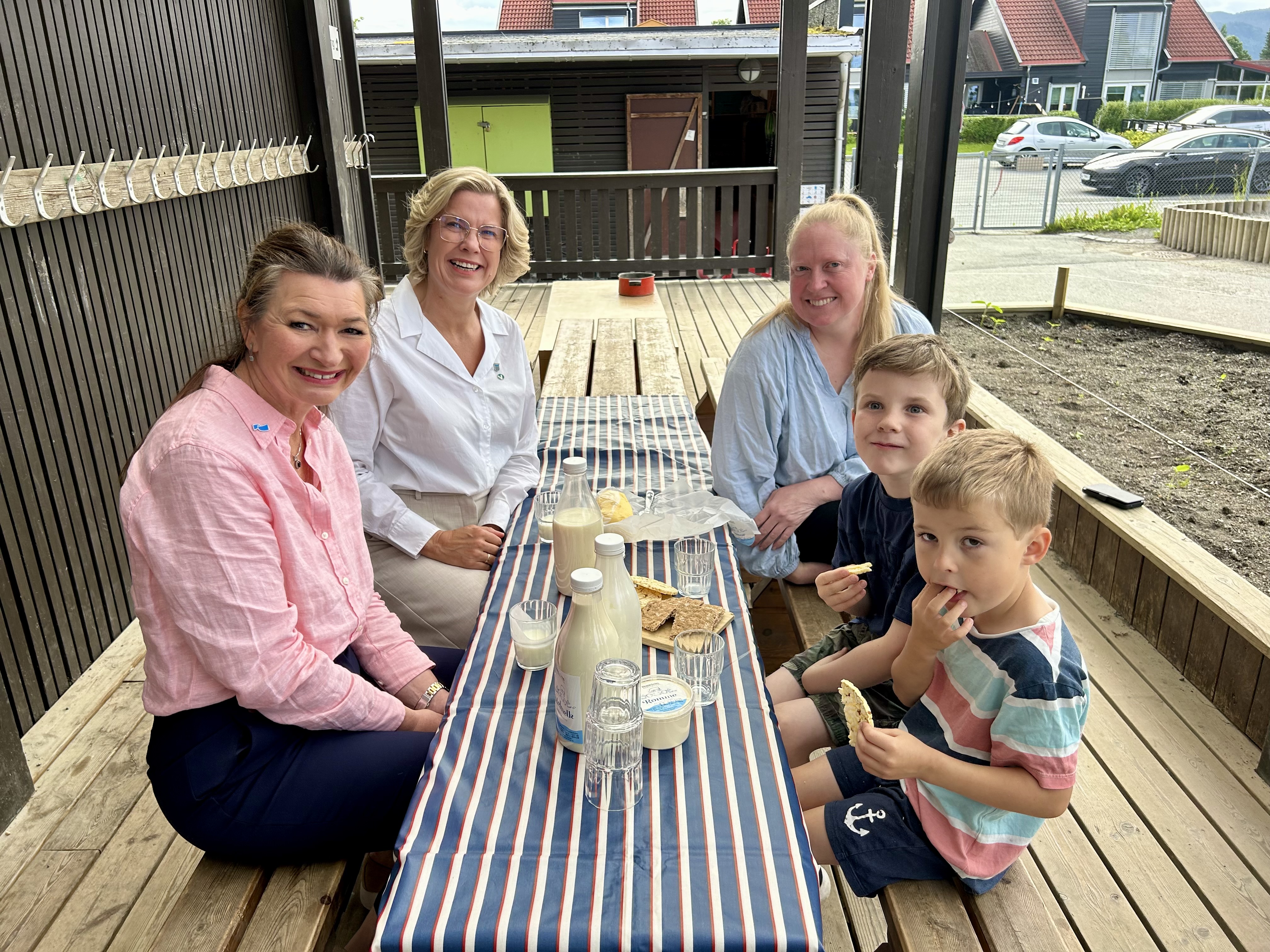 Fen personer sitter rundt et bord med meieriprodukter på bordet. To byråder og