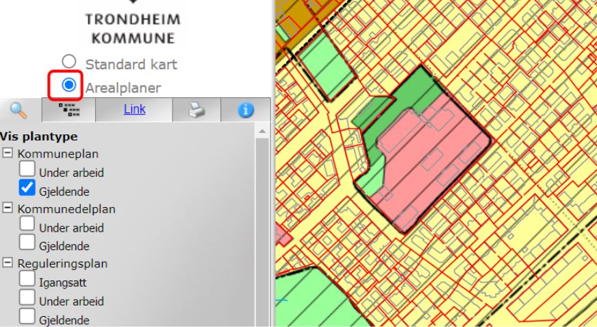 Viser velg Arealplaner i avansert kart