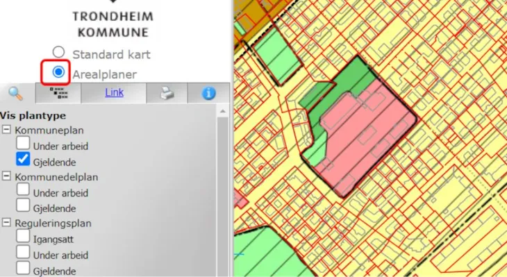 Viser velg Arealplaner i avansert kart
