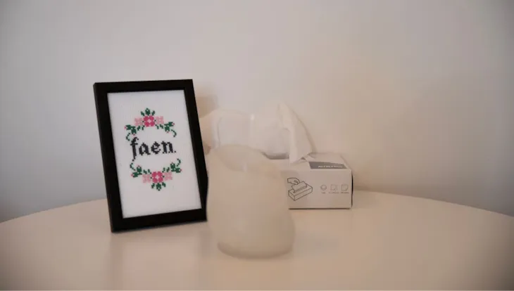 Et brodert bilde er i fokus, der står ordet "faen" brodert med korssting. Ved siden av står eit utent kubbelys og en pakke med tørkepapir.