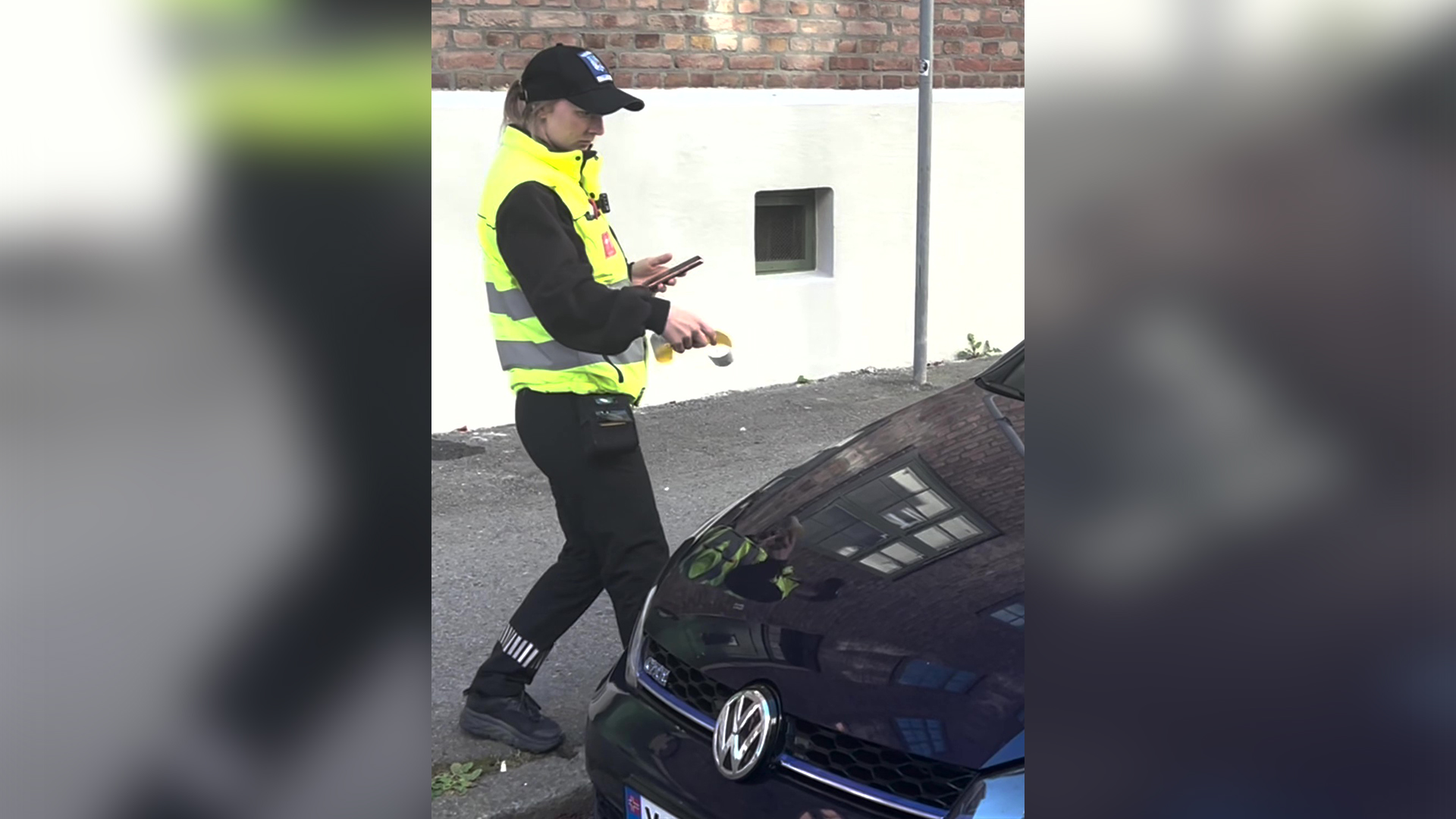 Trafikkbetjent skriver ut parkeringsbot