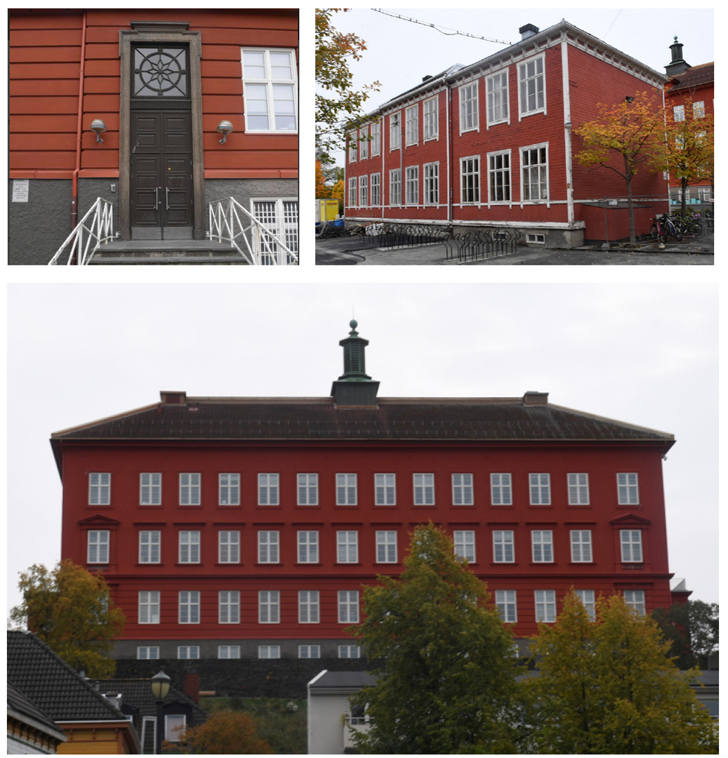 skolebygning i r&oslash;d puss