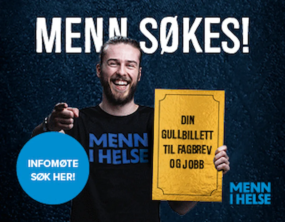 Plakat som forteller at det trengs flere kandidater til Menn i helse.