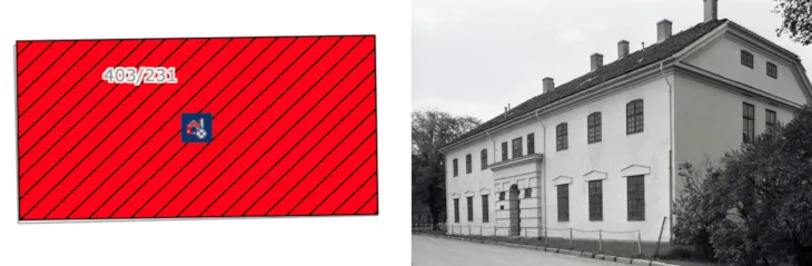 Fredet bygning vises rød med svart skråkravur