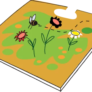 Bildet viser en gul, rektangulær plate med tegninger av tre blomster og en bie. Blomstene er røde, svarte og hvite med gul midte. En liten bie er tegnet ved siden av den svarte blomsten. Platen ligger på en grå bakgrunn.