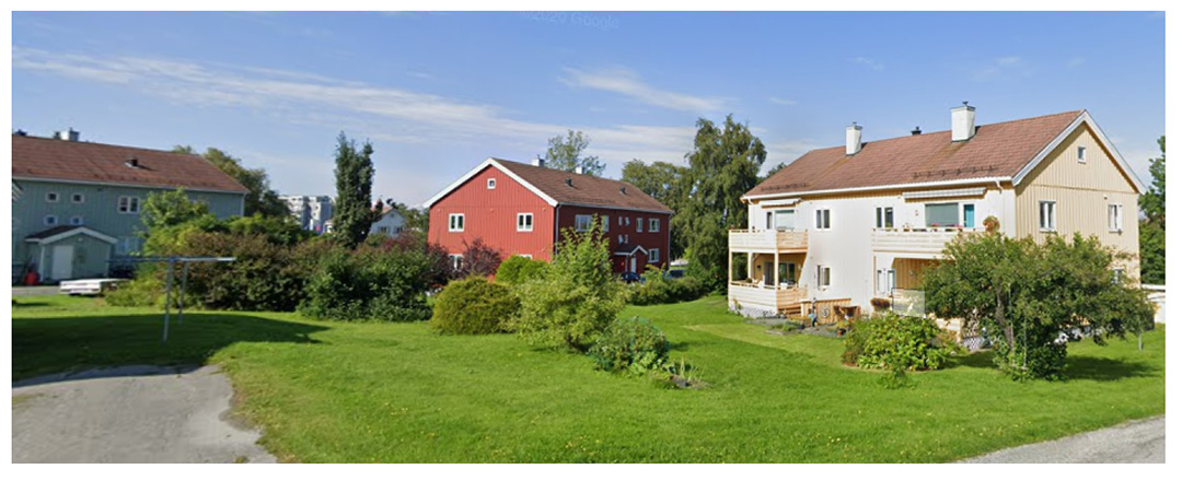 3 toetasjers firemannsboliger, en bl&aring; en r&oslash;d og en gul