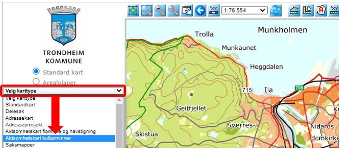 Skjermutsnitt som viser hvor man velger temakart i avansert kart