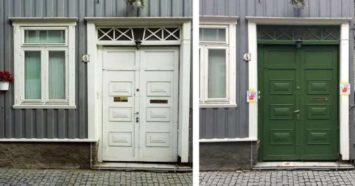 Før og etter bilde av malt dør