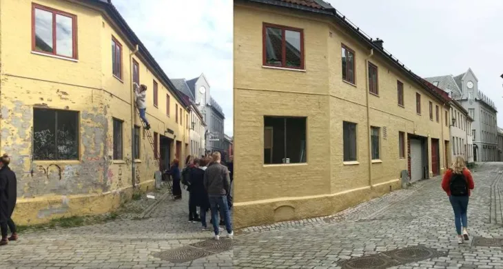 Fasadebilder før og etter oppussing av mur