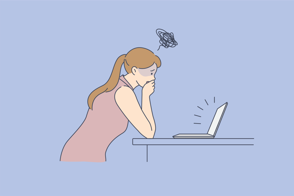 tegning som viser kvinne foran en PC