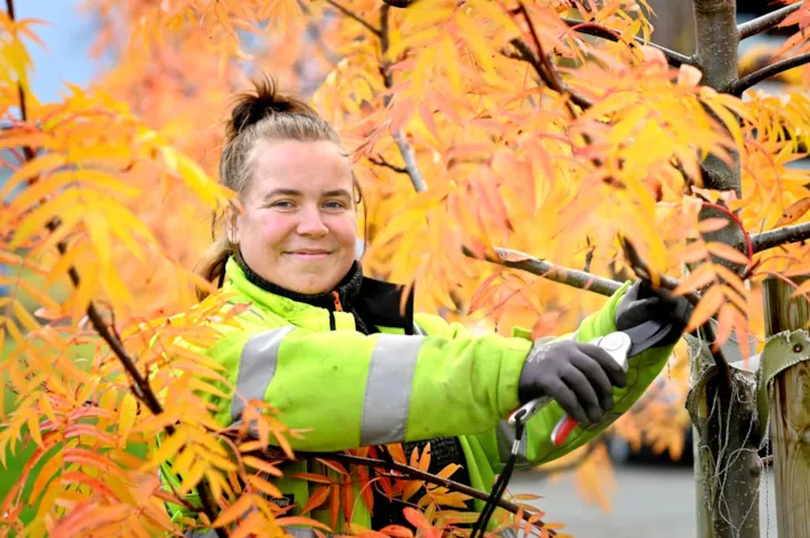 Foto av anleggsgartnerlærling Kjerstin Granås i utendørs arbeidssituasjon