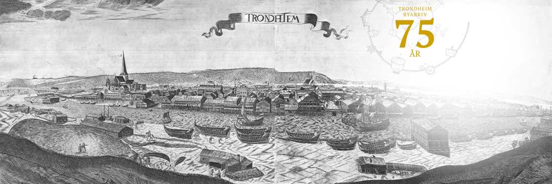 Illustrasjonsbilde med Trondheim byarkivs jubileumslogo og fotografi av kobberstikk fra 1674 med motiv av byen