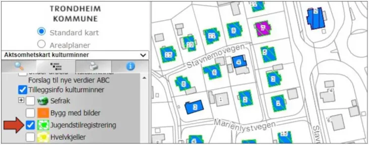 Oversiktskart over jugendstilbebyggelse i Trondheim
