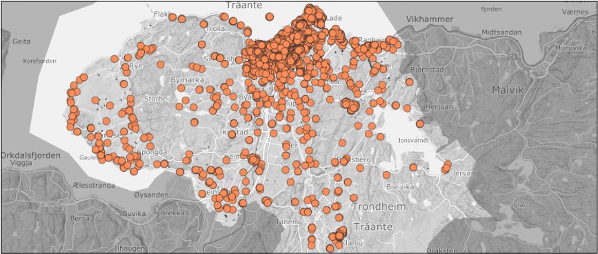 Oransje prikker p&aring; hus med bilder, oversikt Trondheim