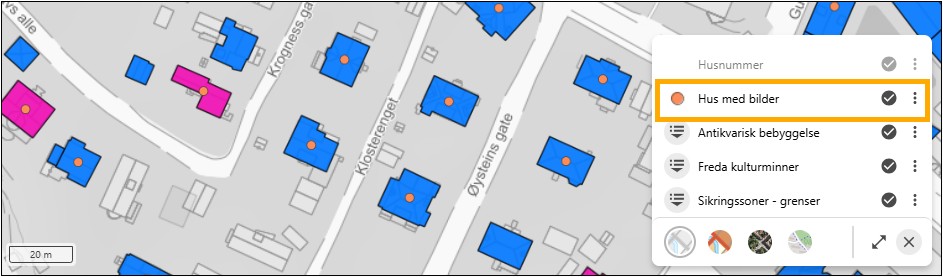 Oransje prikker p&aring; hus med bilder