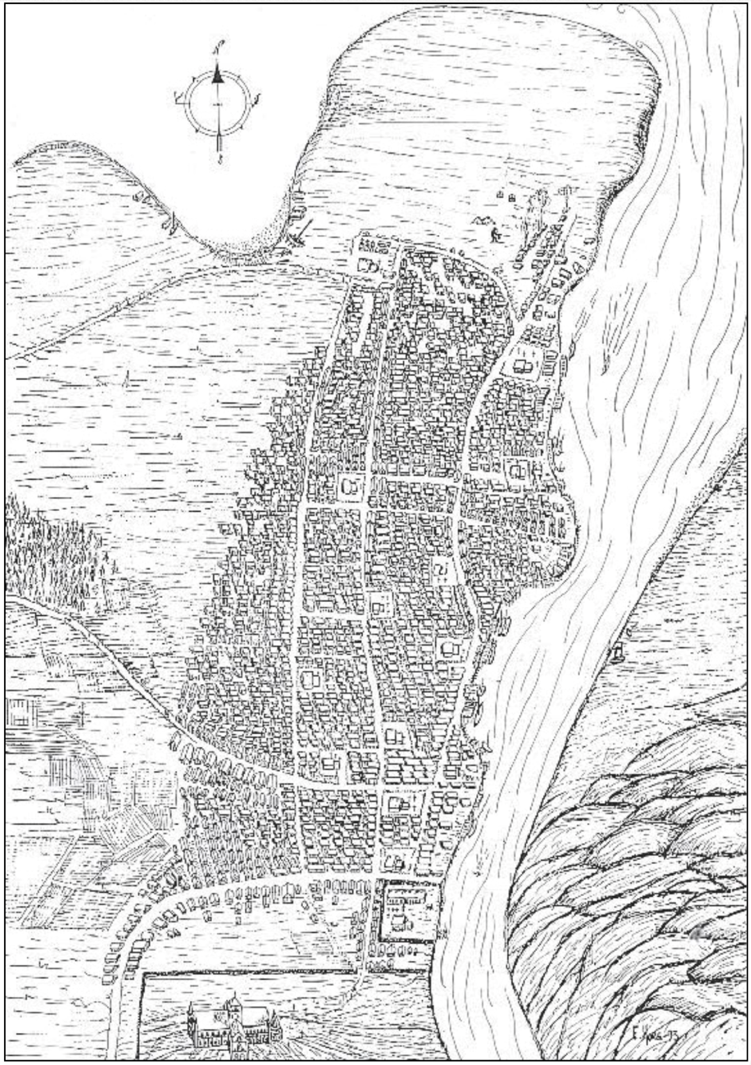 Tegning av Nidarneset med antatt bebyggelse &aring;r 1300.