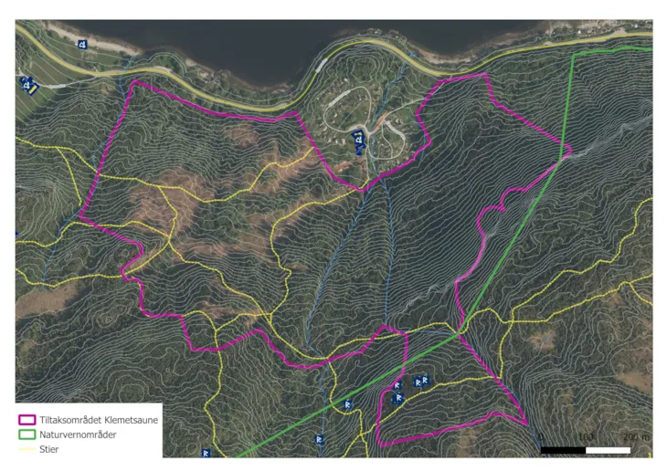 Kartutsnitt over Klemetsaunet i Trondheim som viser et skogkledd, kupert område med ulike soner markert: tiltaksområdet i lilla, naturvernområder i grønt, og stier i gult. Bildet inkluderer også en veibane langs et vann (sannsynligvis Trondheimsfjorden) øverst.