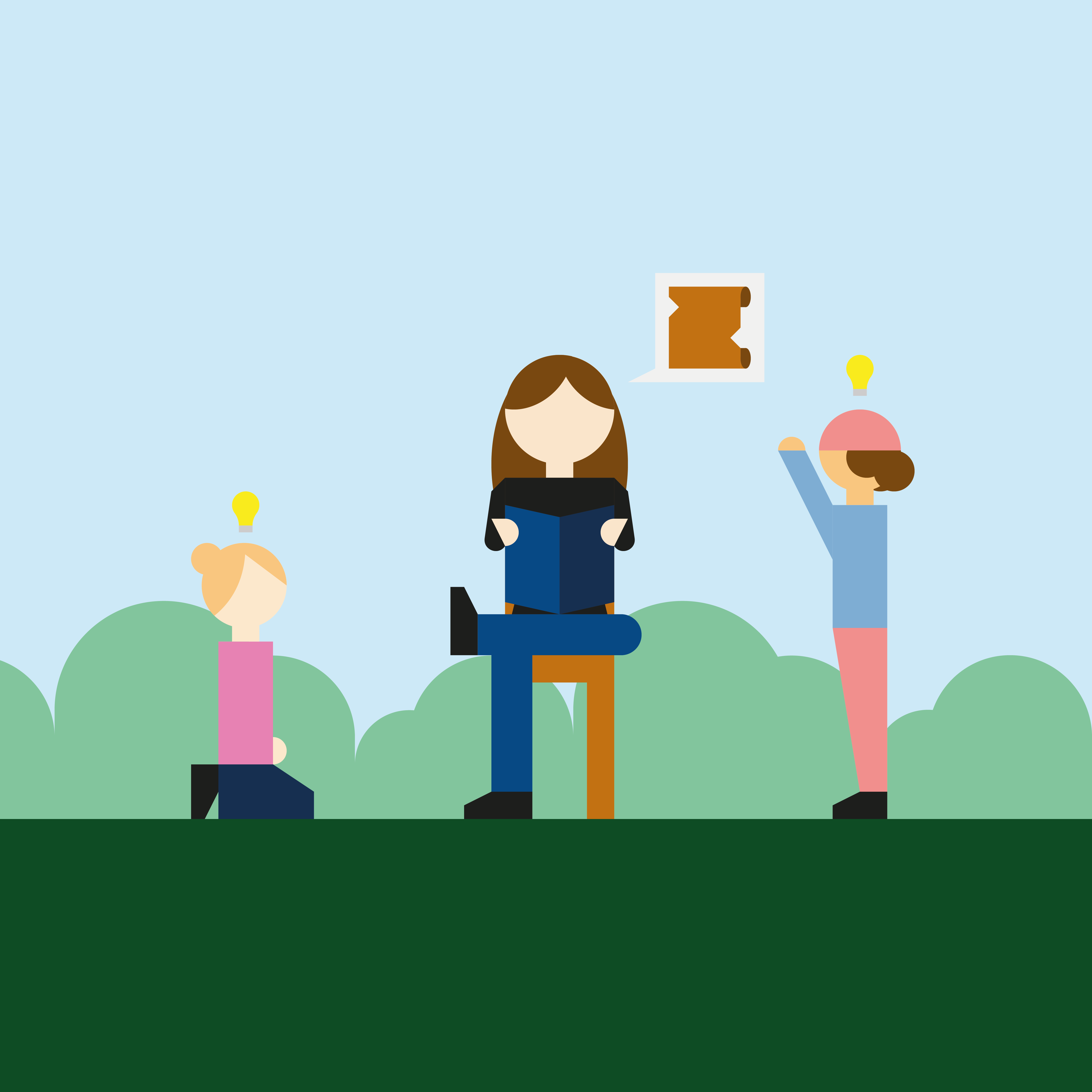 Illustrasjon av tre mennesker i en park.