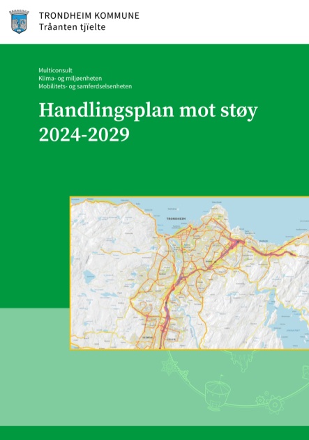 picture describer Custom Gem Bildebeskrivelse Omslaget til en handlingsplan fra Trondheim kommune, med tittelen Handlingsplan mot st&oslash;y 2024-2029 mot en gr&oslash;nn bakgrunn. Nederst p&aring; omslaget er det et kartutsnitt som viser Trondheim, med markerte veier og boligomr&aring;der.