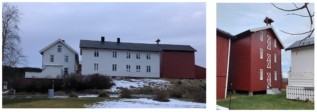 tunet med hvitmalt tr&oslash;nderl&aring;n og r&oslash;de uthusbygninger og l&aring;ve